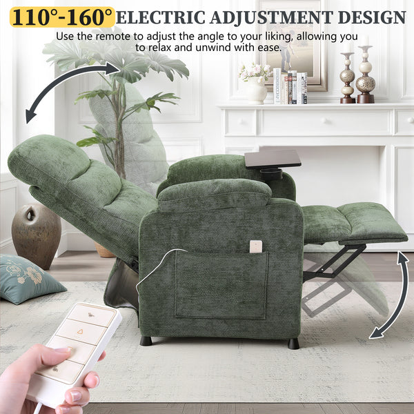 Power Recliner Chair, Nursery Recliner Chair with Swivel Tray Table & Cup Holder, Modern Chenille Fabric Electric Recliner with Side Pocket & Remote for Living Room Small Space