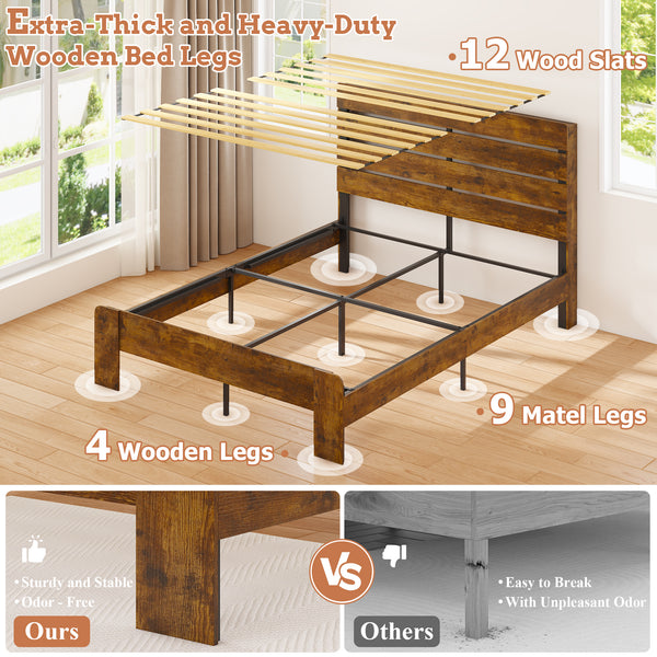 Wood Full Bed Frame with Headboard, Holaki Rustic Farmhouse Platform Bed Frame with USB Port & LED Lights, Heavy-Duty Wood & Metal Frame, No Box Spring Needed, Easy Assembly