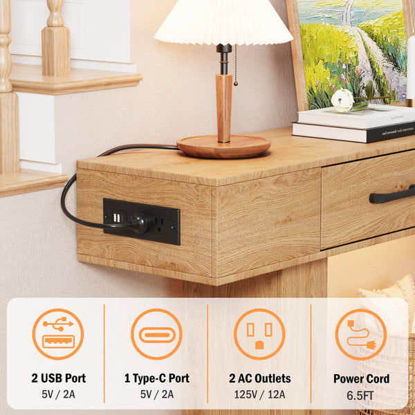 Holaki 63" Long Console Tables with Outlet, LED Strip & 2 Drawers, Modern Farmhouse Entryway Table with 20 Static Colors & 20 Changing Modes for Living Room, Office