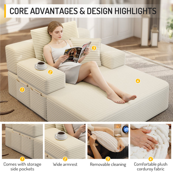 Oversized Chaise Lounge Chair Indoor, Holaki 2 in 1 Convertible Sofa Bed with 3 Pillows & Side Pocket, Corduroy Upholstered Sleeper Sofa Bed for Small Spaces Living Room Apartment