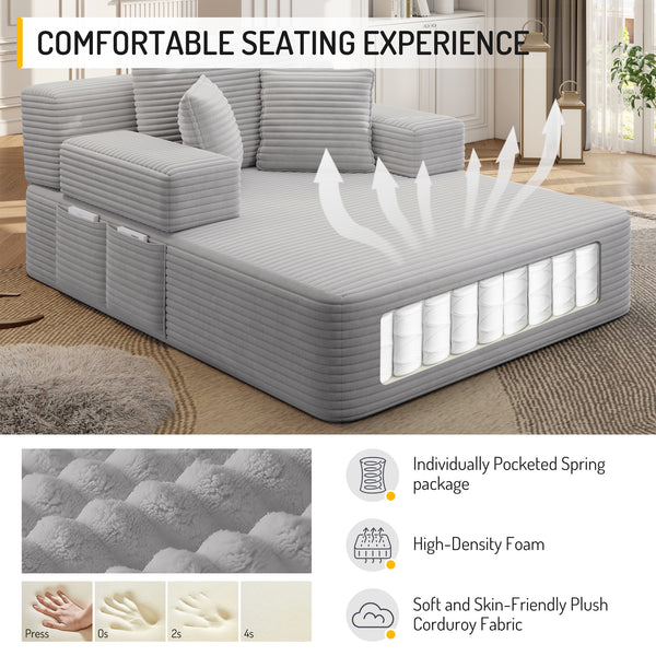 Oversized Chaise Lounge Chair Indoor, Holaki 2 in 1 Convertible Sofa Bed with 3 Pillows & Side Pocket, Corduroy Upholstered Sleeper Sofa Bed for Small Spaces Living Room Apartment