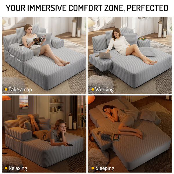 Oversized Chaise Lounge Chair Indoor, Holaki 2 in 1 Convertible Sofa Bed with 3 Pillows & Side Pocket, Corduroy Upholstered Sleeper Sofa Bed for Small Spaces Living Room Apartment