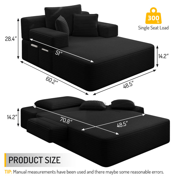 Oversized Chaise Lounge Chair Indoor, Holaki 2 in 1 Convertible Sofa Bed with 3 Pillows & Side Pocket, Corduroy Upholstered Sleeper Sofa Bed for Small Spaces Living Room Apartment
