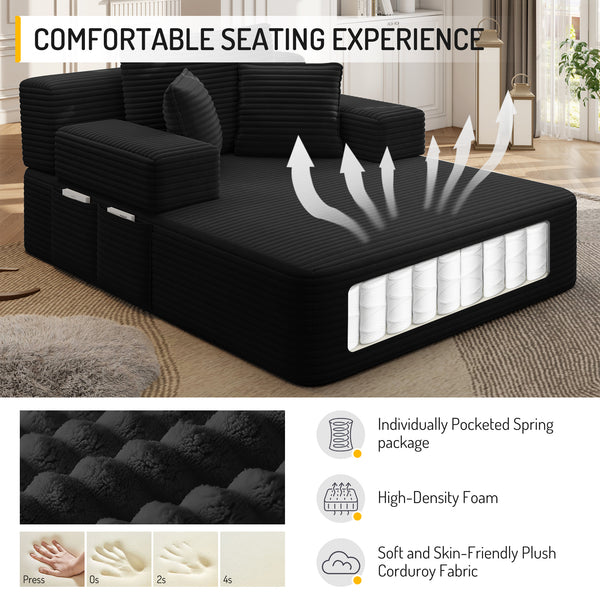 Oversized Chaise Lounge Chair Indoor, Holaki 2 in 1 Convertible Sofa Bed with 3 Pillows & Side Pocket, Corduroy Upholstered Sleeper Sofa Bed for Small Spaces Living Room Apartment