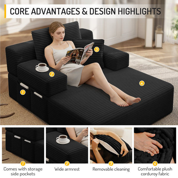 Oversized Chaise Lounge Chair Indoor, Holaki 2 in 1 Convertible Sofa Bed with 3 Pillows & Side Pocket, Corduroy Upholstered Sleeper Sofa Bed for Small Spaces Living Room Apartment
