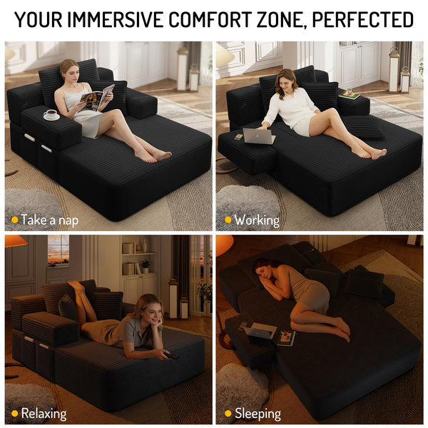 Oversized Chaise Lounge Chair Indoor, Holaki 2 in 1 Convertible Sofa Bed with 3 Pillows & Side Pocket, Corduroy Upholstered Sleeper Sofa Bed for Small Spaces Living Room Apartment