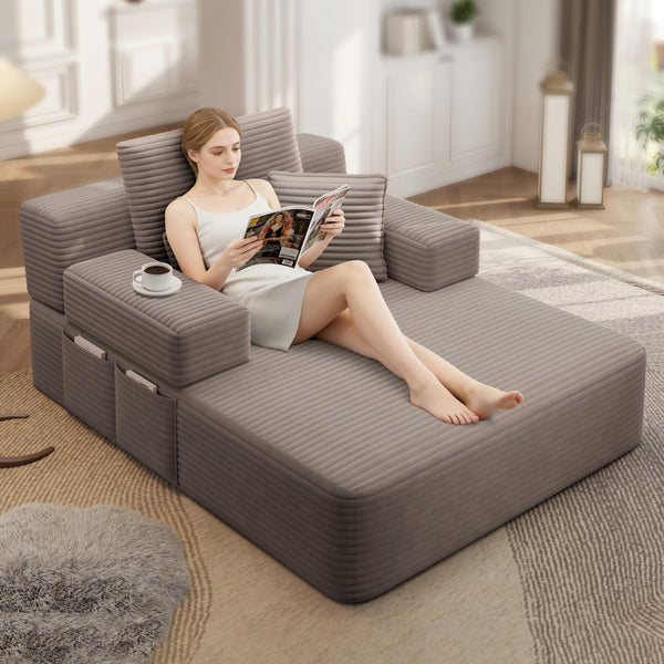 Oversized Chaise Lounge Chair Indoor, Holaki 2 in 1 Convertible Sofa Bed with 3 Pillows & Side Pocket, Corduroy Upholstered Sleeper Sofa Bed for Small Spaces Living Room Apartment