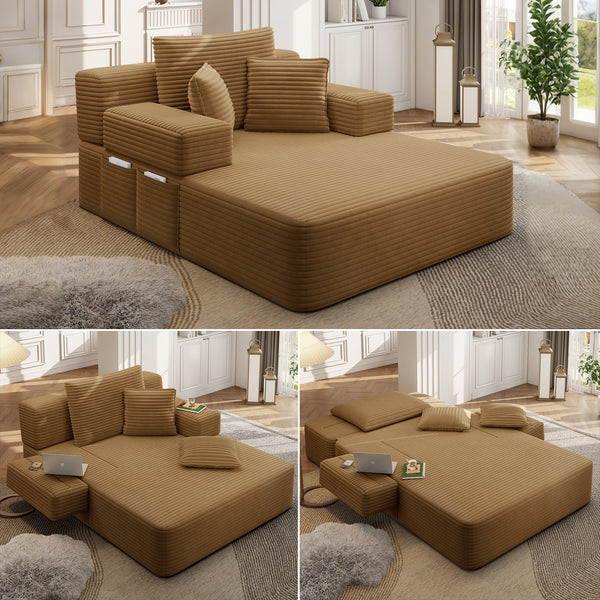 Oversized Chaise Lounge Chair Indoor, Holaki 2 in 1 Convertible Sofa Bed with 3 Pillows & Side Pocket, Corduroy Upholstered Sleeper Sofa Bed for Small Spaces Living Room Apartment