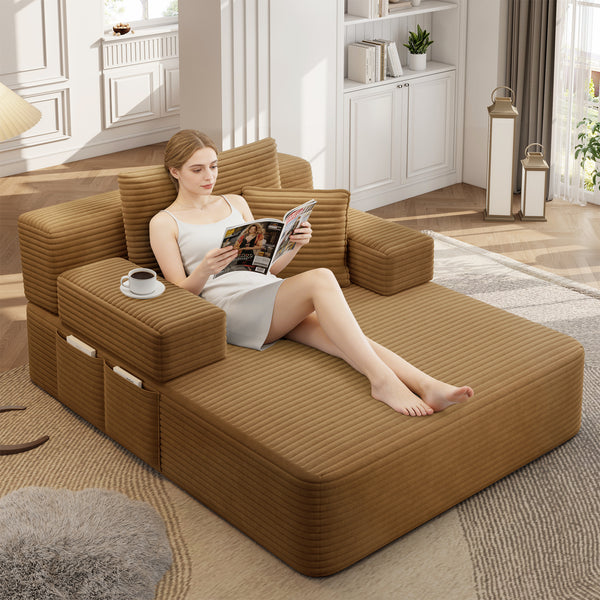 Oversized Chaise Lounge Chair Indoor, Holaki 2 in 1 Convertible Sofa Bed with 3 Pillows & Side Pocket, Corduroy Upholstered Sleeper Sofa Bed for Small Spaces Living Room Apartment
