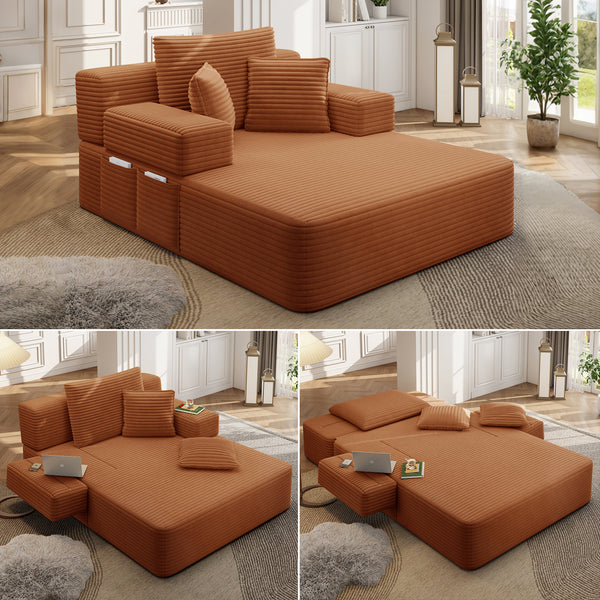 Oversized Chaise Lounge Chair Indoor, Holaki 2 in 1 Convertible Sofa Bed with 3 Pillows & Side Pocket, Corduroy Upholstered Sleeper Sofa Bed for Small Spaces Living Room Apartment