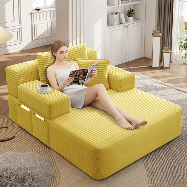 Oversized Chaise Lounge Chair Indoor, Holaki 2 in 1 Convertible Sofa Bed with 3 Pillows & Side Pocket, Corduroy Upholstered Sleeper Sofa Bed for Small Spaces Living Room Apartment