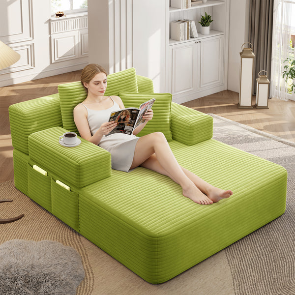 Oversized Chaise Lounge Chair Indoor, Holaki 2 in 1 Convertible Sofa Bed with 3 Pillows & Side Pocket, Corduroy Upholstered Sleeper Sofa Bed for Small Spaces Living Room Apartment