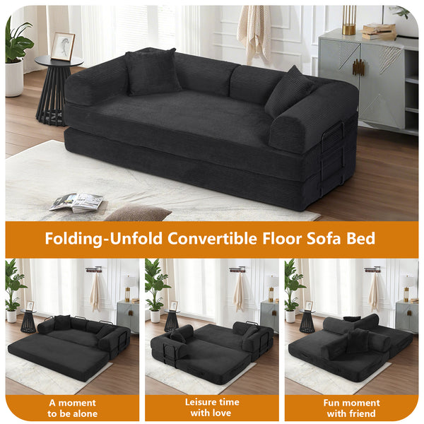 Convertible Floor Sofa Bed, Holaki 63" Foldable Compression Loveseat Lounge Sleeper Sofa with Pillow & Fixed-Shape Frame, Corduroy Folding Boneless Sofa Couch for Living Room, Small Space