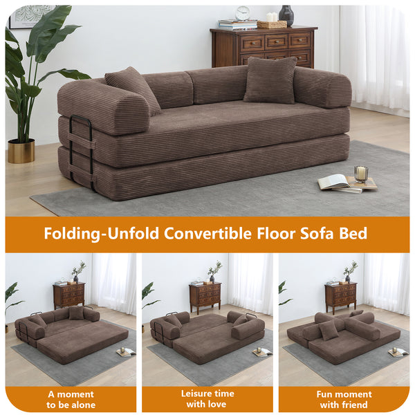Convertible Floor Sofa Bed, Holaki 63" Foldable Compression Loveseat Lounge Sleeper Sofa with Pillow & Fixed-Shape Frame, Corduroy Folding Boneless Sofa Couch for Living Room, Small Space
