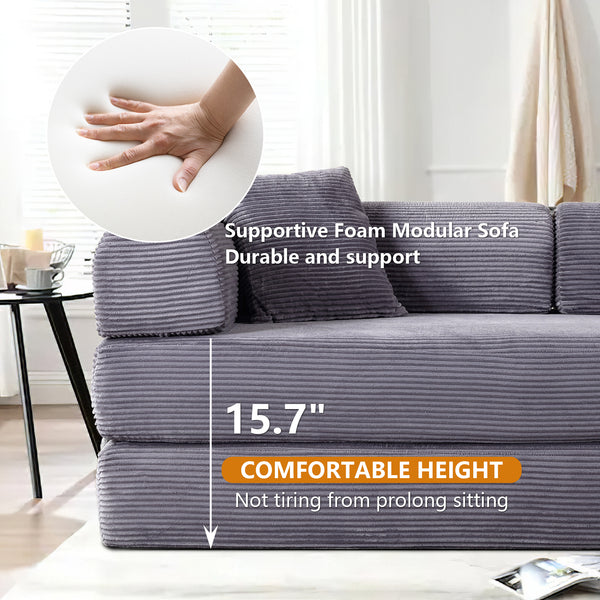 Convertible Floor Sofa Bed, Holaki 63" Foldable Compression Loveseat Lounge Sleeper Sofa with Pillow & Fixed-Shape Frame, Corduroy Folding Boneless Sofa Couch for Living Room, Small Space