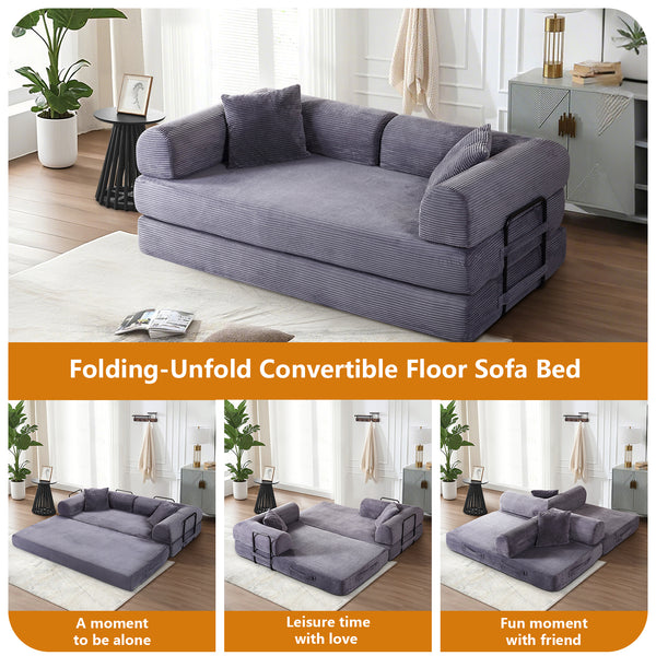 Convertible Floor Sofa Bed, Holaki 63" Foldable Compression Loveseat Lounge Sleeper Sofa with Pillow & Fixed-Shape Frame, Corduroy Folding Boneless Sofa Couch for Living Room, Small Space