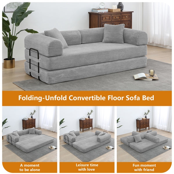 Convertible Floor Sofa Bed, Holaki 63" Foldable Compression Loveseat Lounge Sleeper Sofa with Pillow & Fixed-Shape Frame, Corduroy Folding Boneless Sofa Couch for Living Room, Small Space
