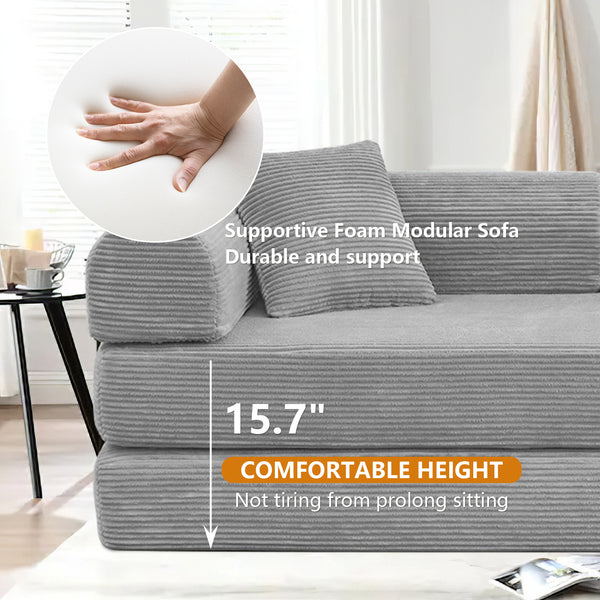 Convertible Floor Sofa Bed, Holaki 63" Foldable Compression Loveseat Lounge Sleeper Sofa with Pillow & Fixed-Shape Frame, Corduroy Folding Boneless Sofa Couch for Living Room, Small Space