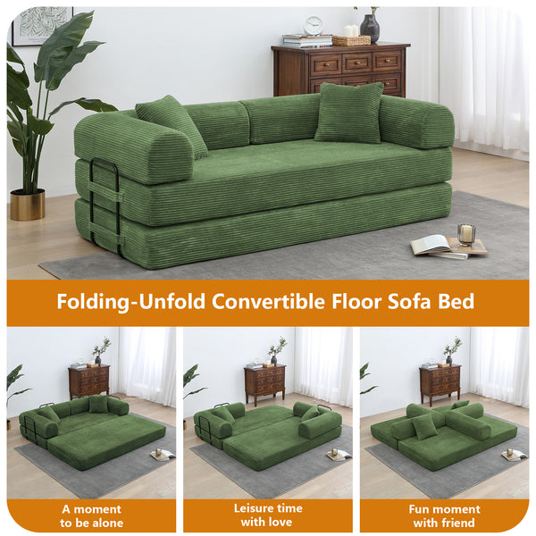 Convertible Floor Sofa Bed, Holaki 63" Foldable Compression Loveseat Lounge Sleeper Sofa with Pillow & Fixed-Shape Frame, Corduroy Folding Boneless Sofa Couch for Living Room, Small Space