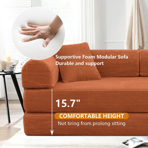 Convertible Floor Sofa Bed, Holaki 63" Foldable Compression Loveseat Lounge Sleeper Sofa with Pillow & Fixed-Shape Frame, Corduroy Folding Boneless Sofa Couch for Living Room, Small Space