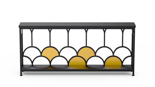 Modern minimalist metal-framed long cabinet with gold geometric accents, perfect for living rooms and entryways.