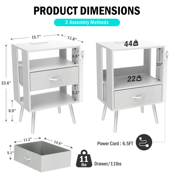 Nightstand Set of 2, Holaki Nightstand with Charging Station for Bedroom, Night Stand with LED Light & Fabric Drawers, Dresser Bedside Table for Living Room, Black