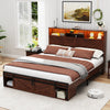Holaki Farmhouse Queen Size Bed Frame with Storage Headboard, 2 Drawers, Charging Station & RGB LED Lights, Wood Platform Bed with Shelves & Hidden Storage, No Box Spring Required, Dark Brown