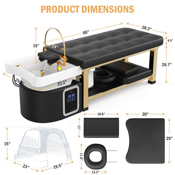 All-in-One Head Spa Massage Table with Steam Fumigation & Water Circulation - Stationary Salon Facial Bed with Gold Steel Frame, Beige PU Leather for Scalp Treatments
