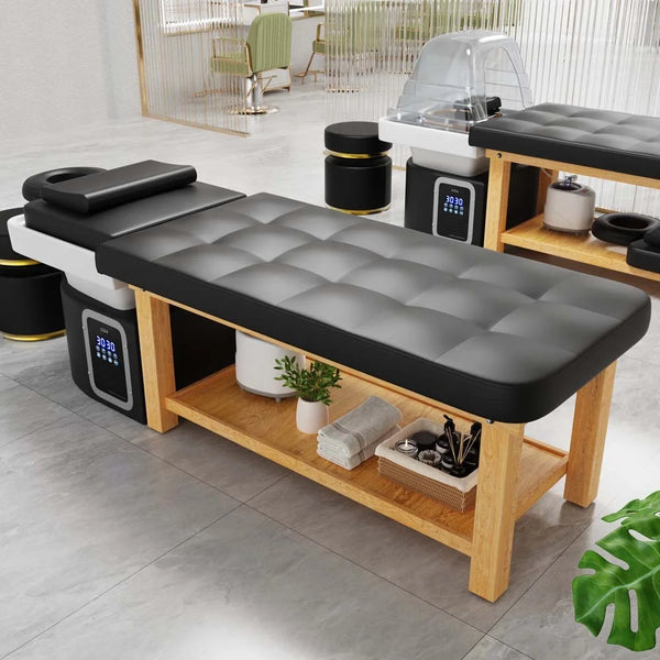 All-in-One Head Spa Massage Table with Steam Fumigation & Water Circulation - Stationary Salon Facial Bed with Gold Steel Frame, Beige PU Leather for Scalp Treatments