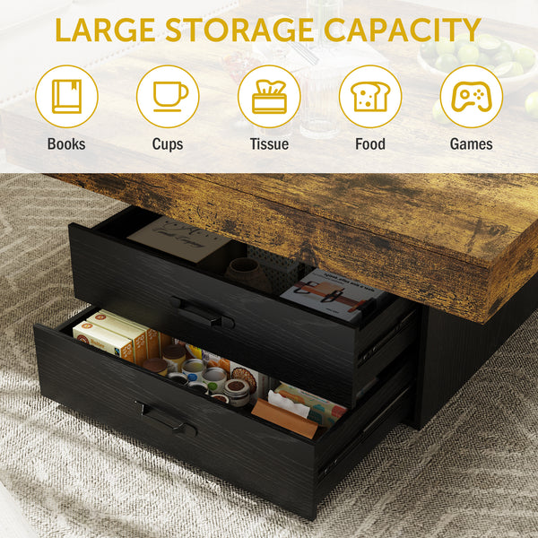 35.43" Coffee Table, Holaki Farmhouse Square Coffee Table with 2 Large Storage Drawers and LED Light, Thick Tabletop Wooden Coffee Table for Living Room Office, Black