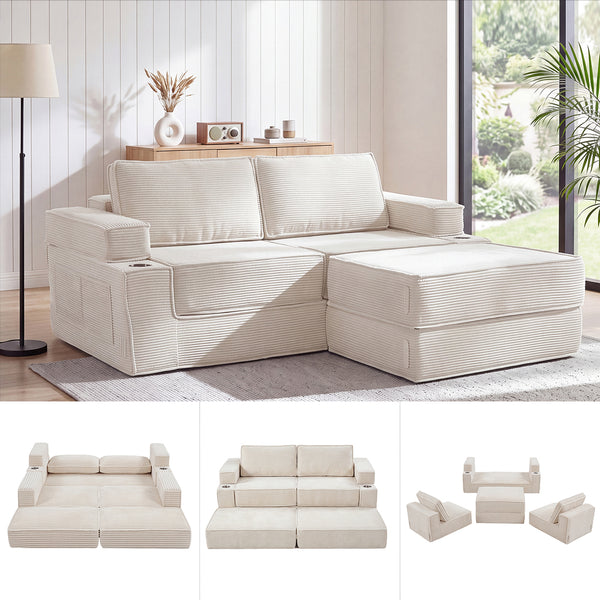 Holaki 5 in 1 Modular Sectional Sofa with Movable Ottoman, L-Shaped Convertible Boneless Couch for Living Room, Corduroy Deep Seat Sofa