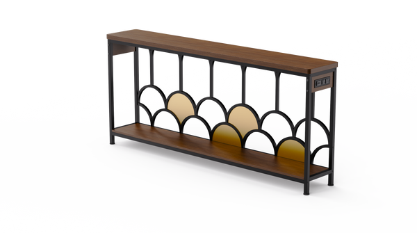 Modern minimalist metal-framed long cabinet with gold geometric accents, perfect for living rooms and entryways.