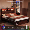 Holaki Farmhouse Queen Size Bed Frame with Storage Headboard, 2 Drawers, Charging Station & RGB LED Lights, Wood Platform Bed with Shelves & Hidden Storage, No Box Spring Required, Dark Brown