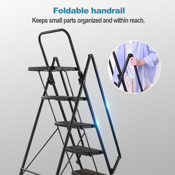 5 Step Ladder with Handrails, Holaki Folding Step Stool with Widened Anti-Slip Pedal, 500lbs Lightweight Step Ladder 6 Step Folding, Multi-Use for Home Kitchen Pantry Office, Black
