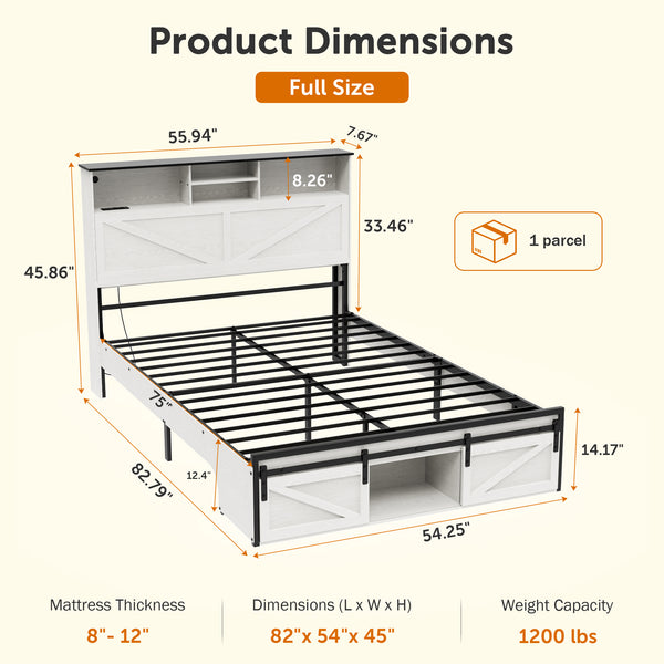 Queen Size Bed Frame, Holaki Farmhouse Queen Bed Frame with Storage Headboard, Charging Station & LED Lights, 2 Storage Drawers, No Box Spring Needed, Noise Free, Easy Assembly, White