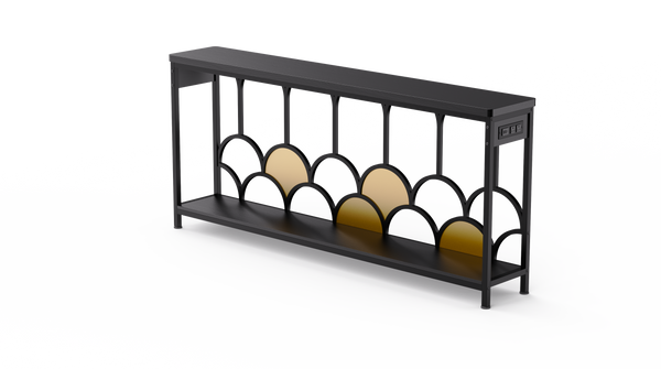 Modern minimalist metal-framed long cabinet with gold geometric accents, perfect for living rooms and entryways.
